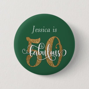 50 & Fabulous Gold Glitter Typography Leaf Green Ronde Button 5,7 Cm