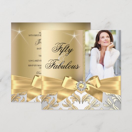 50 & Fabulous Gold Leaf & Bow 50th Birthday Invite Kaart (Voorkant / Achterkant)