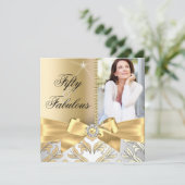 50 & Fabulous Gold Leaf & Bow 50th Birthday Invite Kaart (Staand voorkant)