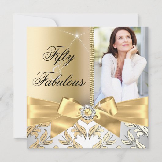 50 & Fabulous Gold Leaf & Bow 50th Birthday Invite Kaart (Voorkant)