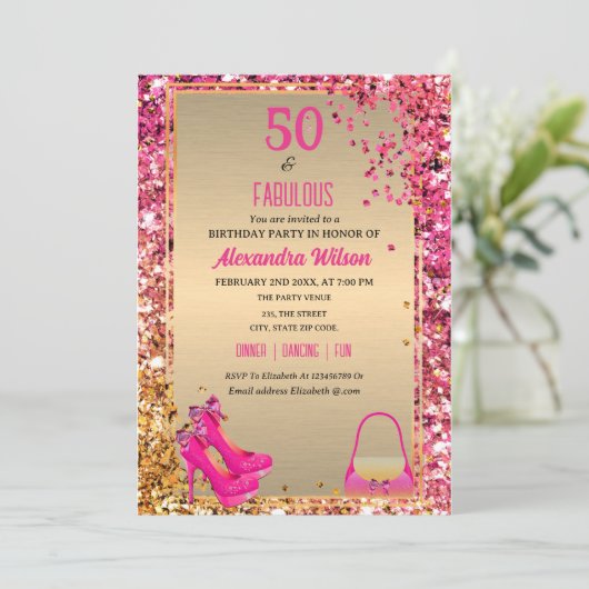 50 & Fabulous Goud Heet Roze Glitterij Hoge Hakken Kaart (Staand voorkant)