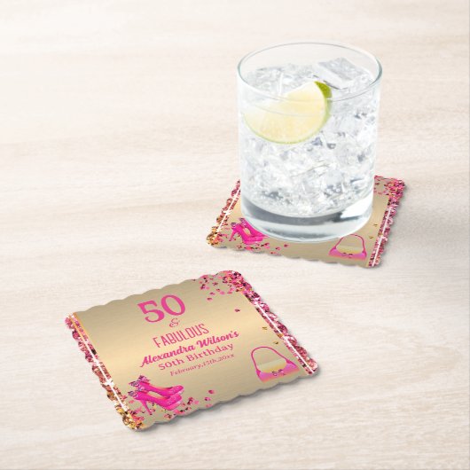 50 & Fabulous Goud Heet Roze Glitterij Hoge Hakken Kartonnen Onderzetters (Insitu)