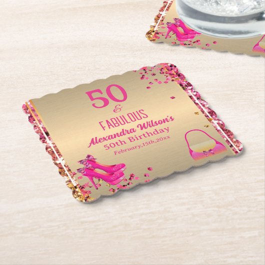 50 & Fabulous Goud Heet Roze Glitterij Hoge Hakken Kartonnen Onderzetters (Gebogen)
