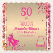 50 & Fabulous Goud Heet Roze Glitterij Hoge Hakken Kartonnen Onderzetters (Voorkant)