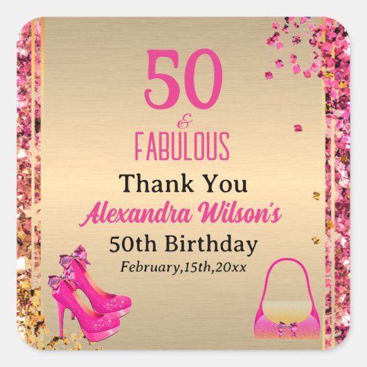50 & Fabulous Goud Heet Roze Glitterij Hoge Hakken Vierkante Sticker (Voorkant)