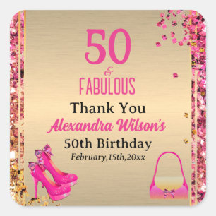 50 & Fabulous Goud Heet Roze Glitterij Hoge Hakken Vierkante Sticker