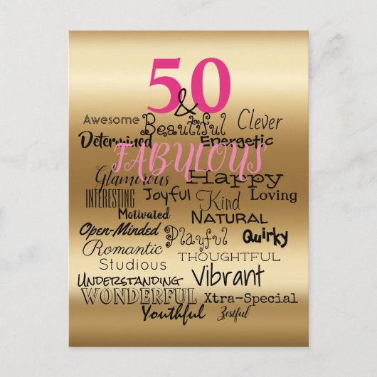 50 & Fabulous Goud Roze Zwart Verjaardag Typografi Uitnodiging Briefkaart (Voorkant)