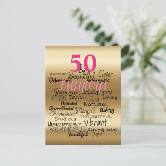 50 & Fabulous Goud Roze Zwart Verjaardag Typografi Uitnodiging Briefkaart (Staand voorkant)