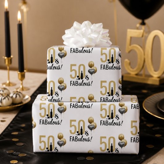 50 & Fabulous Goud & Zwart Modern Cadeaupapier