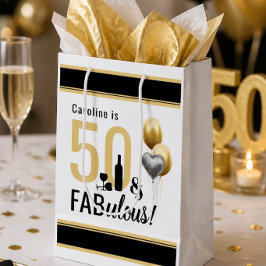 50 & Fabulous Goud & Zwart Moderne Verjaardag Medium Cadeauzakje