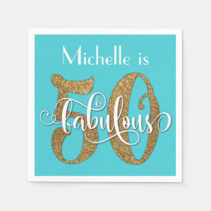 50 & Fabulous Gouden Glitter Verjaardag Turquoise Servet