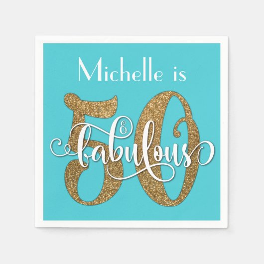 50 & Fabulous Gouden Glitter Verjaardag Turquoise Servet (Voorkant)
