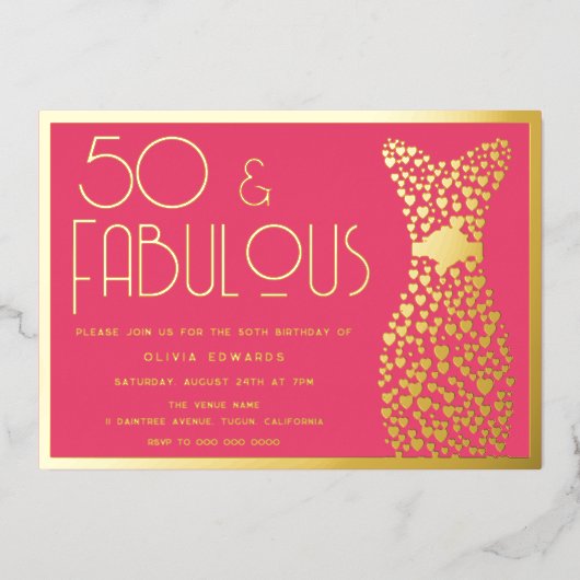50 & Fabulous! Heet Roze 50ste Verjaardagsfeestje Folie Uitnodiging (Voorkant)