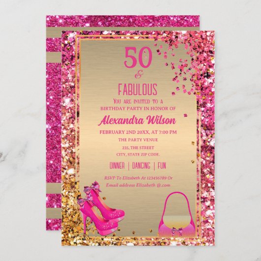 50 & Fabulous Hoge Hakken Gouden Roze Glittery Gla Kaart (Voorkant / Achterkant)