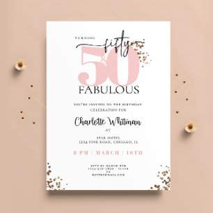 "50 & Fabulous" Minimale Roze en Zwarte Glitter Kaart