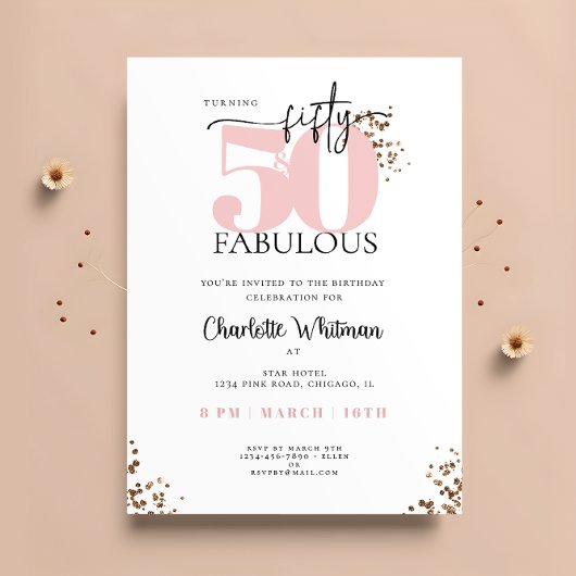"50 & Fabulous" Minimale Roze en Zwarte Glitter Kaart