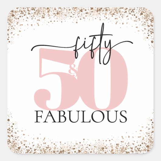 "50 & Fabulous" Minimale Roze en Zwarte Glitter Vierkante Sticker (Voorkant)