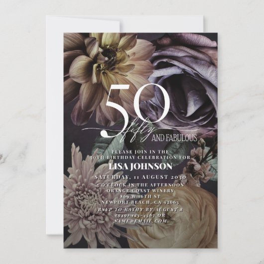 50 & Fabulous Modern Dark Moody Paarse Bloemen Kaart