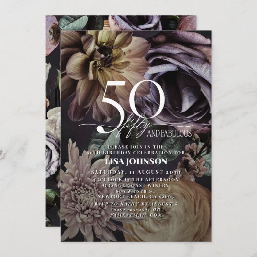 50 & Fabulous Modern Dark Moody Paarse Bloemen Kaart (Voorkant / Achterkant)