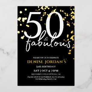 50 & Fabulous Modern Goud en Zwart Verjaardag Folie Uitnodiging