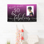 50 Fabulous Modern Pink Glitter Birthday Foto Spandoek (Insitu)