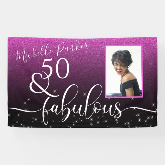 50 Fabulous Modern Pink Glitter Birthday Foto Spandoek (Horizontaal)