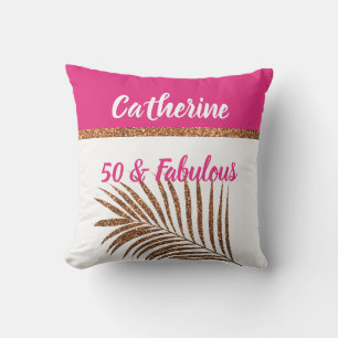 50 & Fabulous Monogrammed Naam Gouden Glitter Roze Buitenkussen