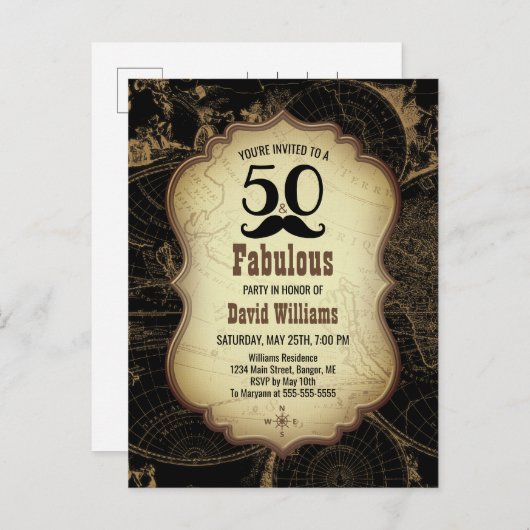 50 Fabulous Mustache  Kaart Verjaardagsfeest (Voorkant / Achterkant)