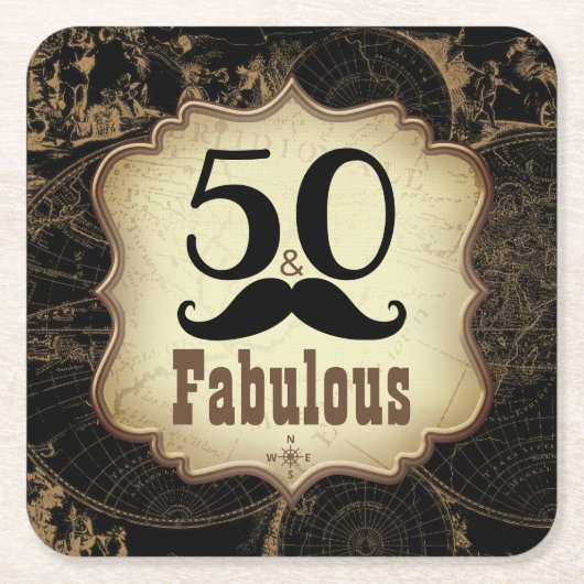 50 Fabulous Mustache  Kaart Verjaardagsfeest Kartonnen Onderzetters (Voorkant)