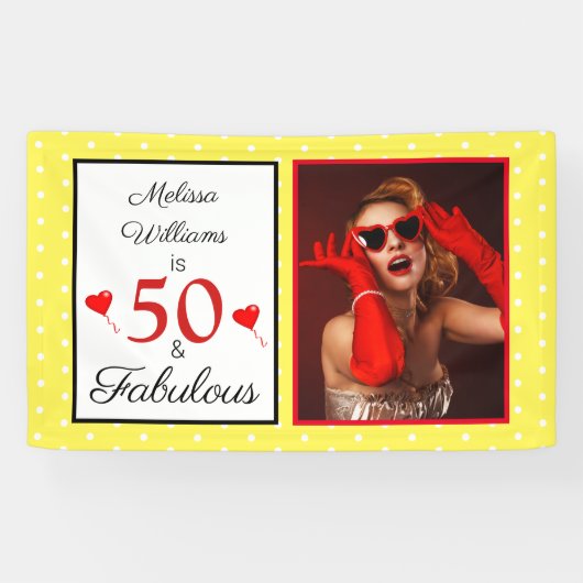 50 Fabulous Name Photo Red 50th Birthday Yellow WH Spandoek (Horizontaal)