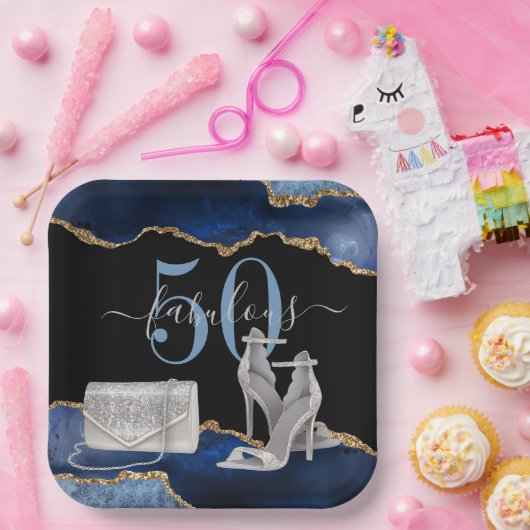 50 Fabulous Navy Black Agate Gold Glitter Papieren Bordje (Feest)