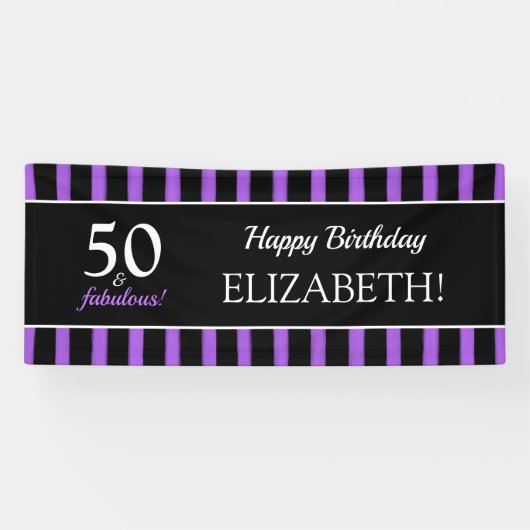 50 & Fabulous Paars & Black Modern Birthday Party Spandoek (Horizontaal)