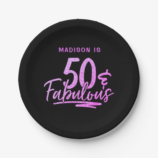 50 & Fabulous Paarse Glitter 50ste Verjaardagsnaam Papieren Bordje (Voorkant)