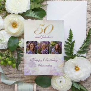 50 & Fabulous  Paarse Gouden Bloemen Verjaardag Kaart