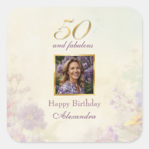 50 & Fabulous Paarse Gouden Bloemen Verjaardag Vierkante Sticker