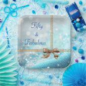 50 & Fabulous Photo Blue Gold Bow 50th Birthday Papieren Bordje (Feest)