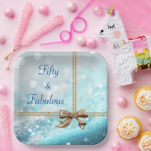 50 & Fabulous Photo Blue Gold Bow 50th Birthday Papieren Bordje (Feest)