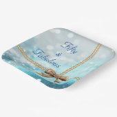 50 & Fabulous Photo Blue Gold Bow 50th Birthday Papieren Bordje (Gebogen)