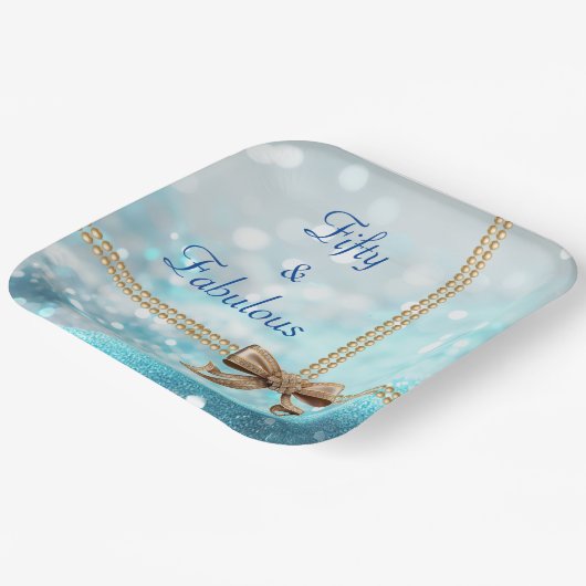 50 & Fabulous Photo Blue Gold Bow 50th Birthday Papieren Bordje (Gebogen)