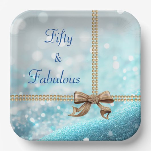 50 & Fabulous Photo Blue Gold Bow 50th Birthday Papieren Bordje (Voorkant)
