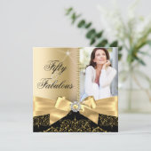 50 & Fabulous Photo Gold Black Bow 50e verjaardag Kaart (Staand voorkant)