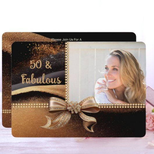 50 & Fabulous Photo Gold Black Bow 50e verjaardag Kaart