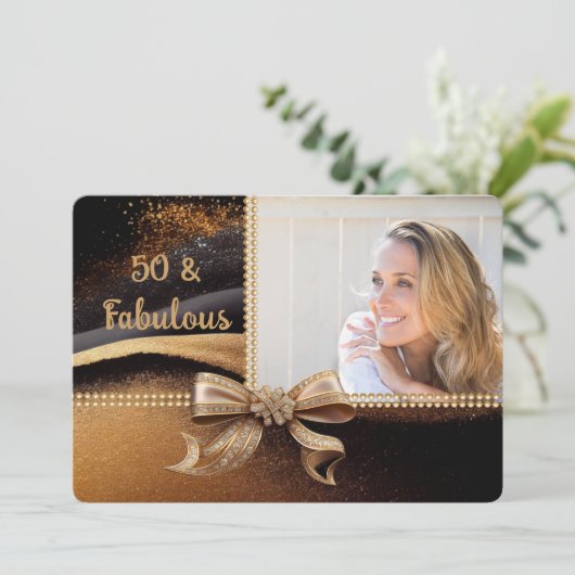 50 & Fabulous Photo Gold Black Bow 50e verjaardag Kaart (Staand voorkant)