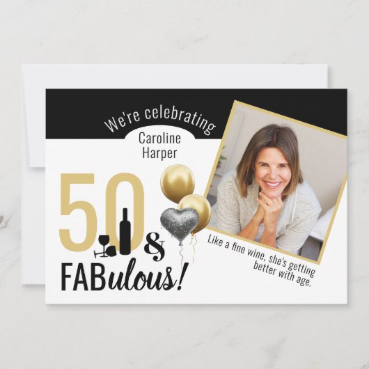 50 & Fabulous Photo Gold & Black Modern Birthday Kaart (Voorkant)