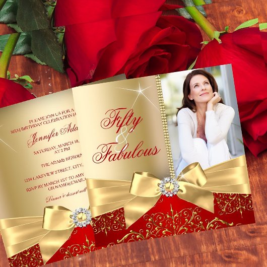 50 & Fabulous Photo Gold Red Bow 50-jarige verjaar Kaart