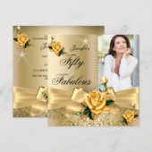50 & Fabulous Photo Gold Yellow Rose Bow Birthday Kaart (Voorkant / Achterkant)
