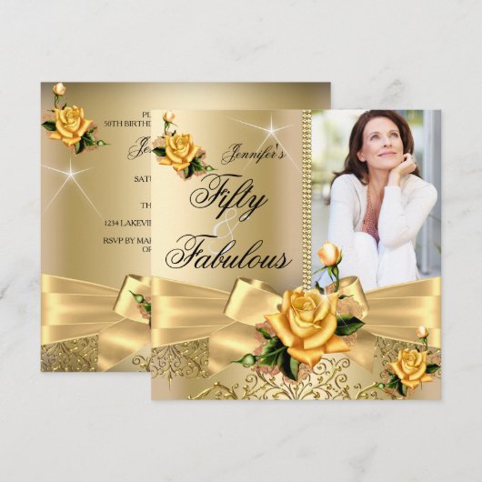50 & Fabulous Photo Gold Yellow Rose Bow Birthday Kaart (Voorkant / Achterkant)