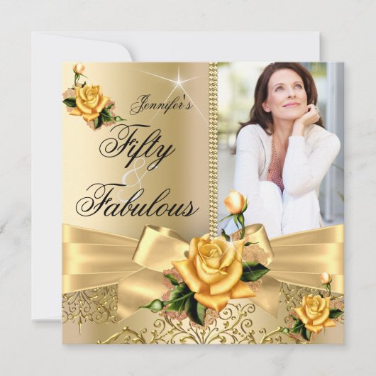50 & Fabulous Photo Gold Yellow Rose Bow Birthday Kaart (Voorkant)