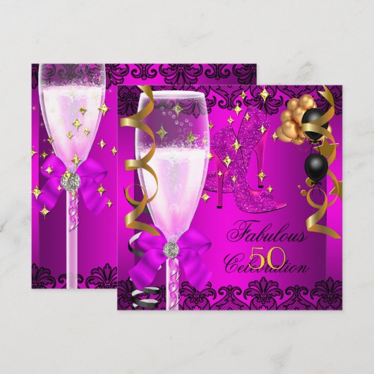 50 Fabulous Pink Black Gold 50th Champagne Party Kaart (Voorkant / Achterkant)