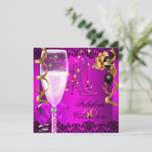 50 Fabulous Pink Black Gold 50th Champagne Party Kaart (Staand voorkant)
